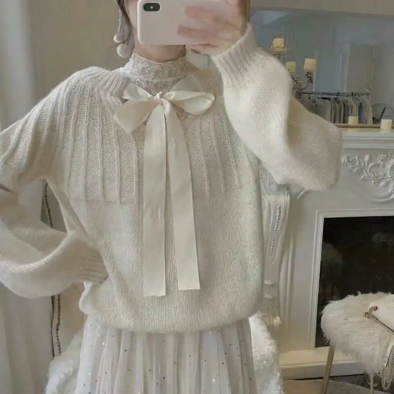 Женский свободный пуловер с лямкой на шее вязаный джемпер осень и зиму 2019 |