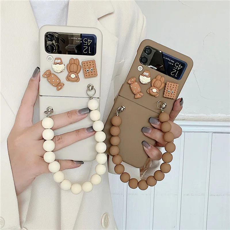 Korea Cute Cartoon 3D Doll Phone Cases For Samsung Galaxy Z Flip 3 Beaded Bracelet Cover Case for Flip3 ZFlip3 ZFlip | Мобильные