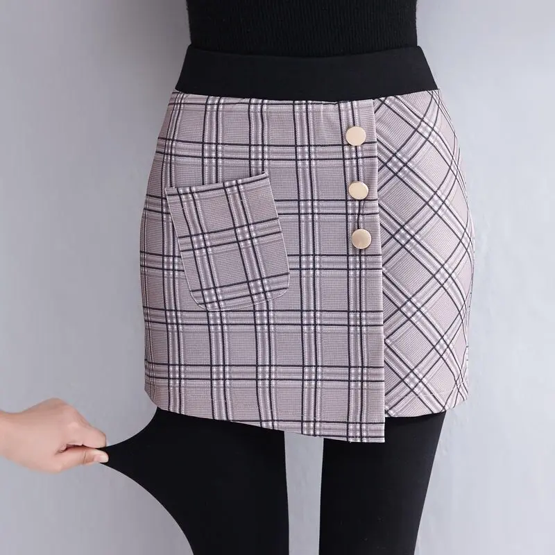 2021 Woman Tartan Skirt Winter Fake Two-Piece Leggings Outer Wear Stirrup Trousers Thin High Waist Culottes Fleece Thickening