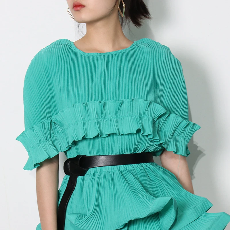 

TWOTWINSTYLE Ruffle Patchwork Tunic Shirt For Women O Neck Short Sleeve Elegant Blouse Female Fashion New Clothing 2021 Stylish