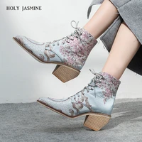 high heel ankle boots free shipping women shoes winter 2020 new woman embroidered boots botines mujer botte femme bottine flower
