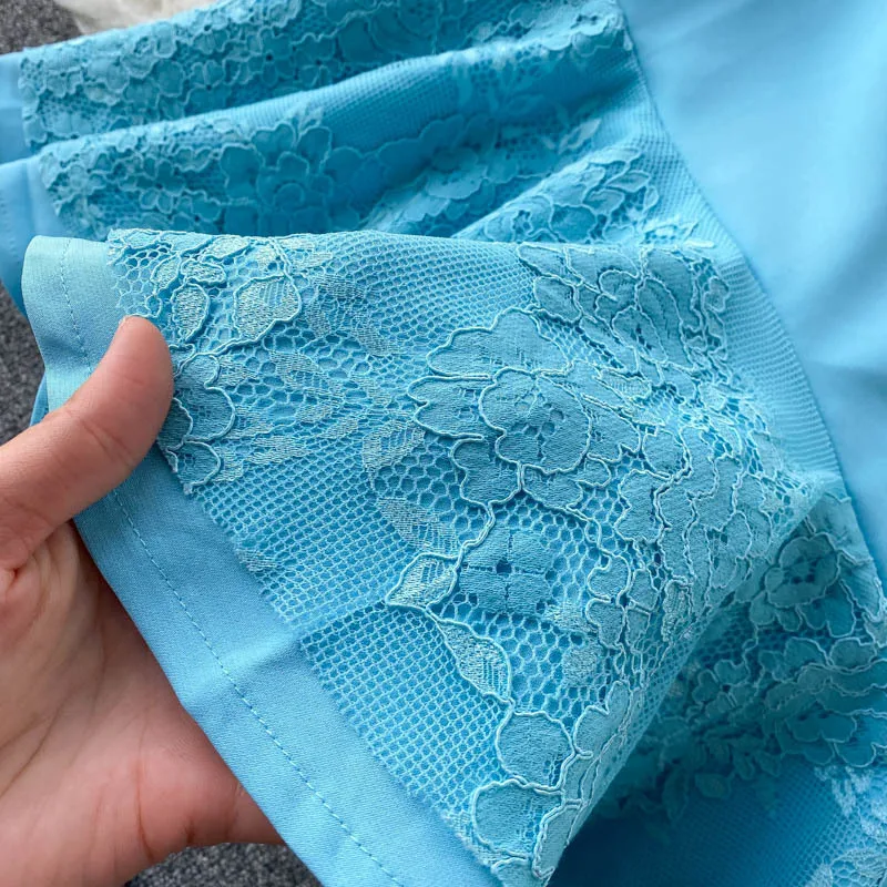 

Foamlina Summer Dress Women Elegant Floral Lace Spliced V-neck Three Quarter Sleeve Party Dress Slim Ruffles Midi Bodycon Dress