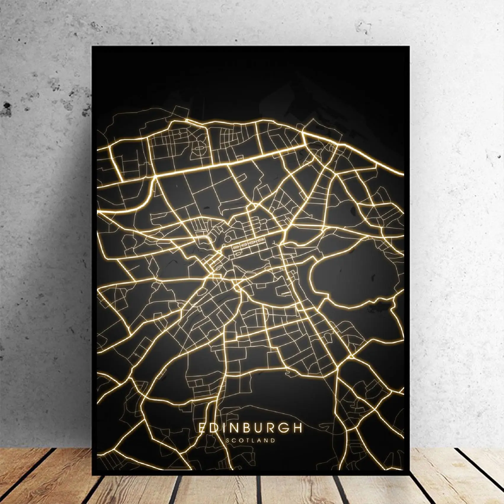 Эдинбург Глазго Шотландия черно золотой холст настенная художественная карта