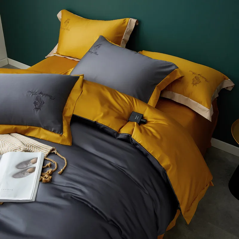 

Cool feeling ice silk embroidery four-piece color matching quilt cover simple style single double wash day silky summer bedding