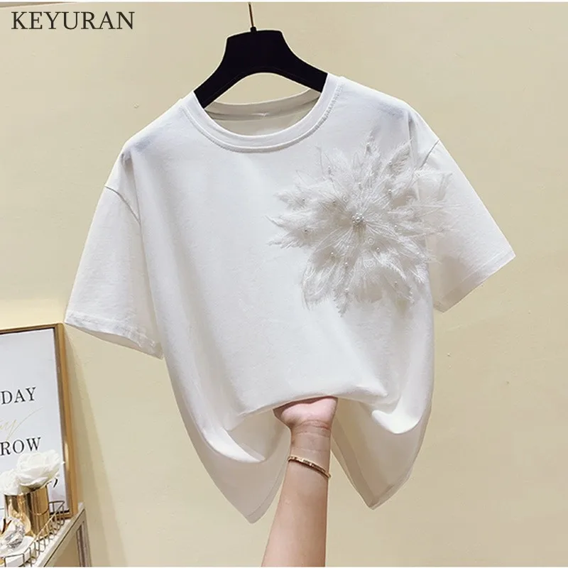 

Женская хлопковая футболка с коротким рукавом, белая Повседневная Свободная футболка с коротким рукавом, украшенная бисером и перьями, лет...