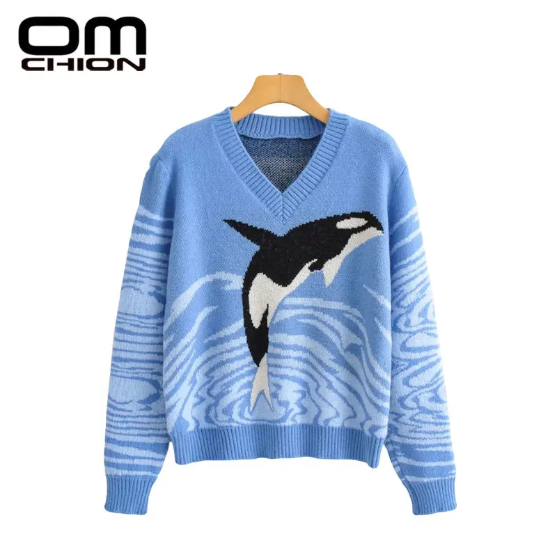 

OMCHION Pull Femme 2021 Autumn Winter V Neck Dolphin Print Sweater Women Casual Loose Long Sleeve Knitted Pullover Y2K Jumper