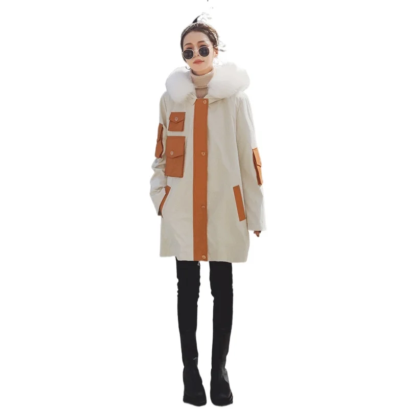 

Женская хлопковая куртка средней длины, Повседневная Свободная куртка с большим меховым воротником, бархатная утепленная хлопковая куртка...