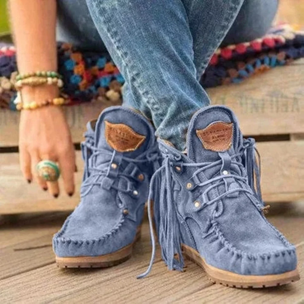 

New Women's Ankle Boots Plus Size Ribbon Fringed Boots Casual Boots Round Toe Lace Up Motorcycle Platform Boots Botas Mujer