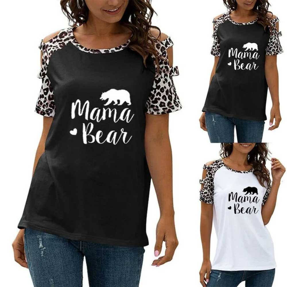

Women Leopard Cold Shoulder Letter Print Casual Tops Tees Ladies Summer T-Shirt