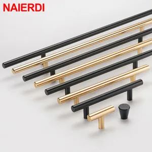 Матовые дверные ручки NAIERDI чёрного, золотого цвета из нержавеющей стали, прямые ручки для шкафов, круглые ручки, мебельные ручки, фурнитура