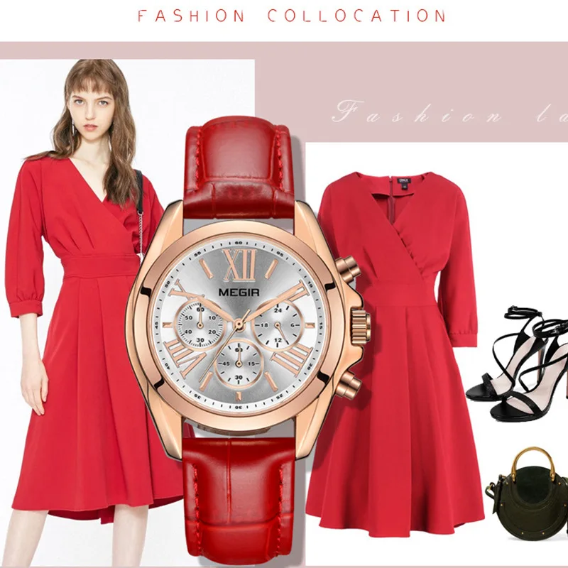 MEGIR женские часы циферблат с римскими цифрами роскошные розовое золото