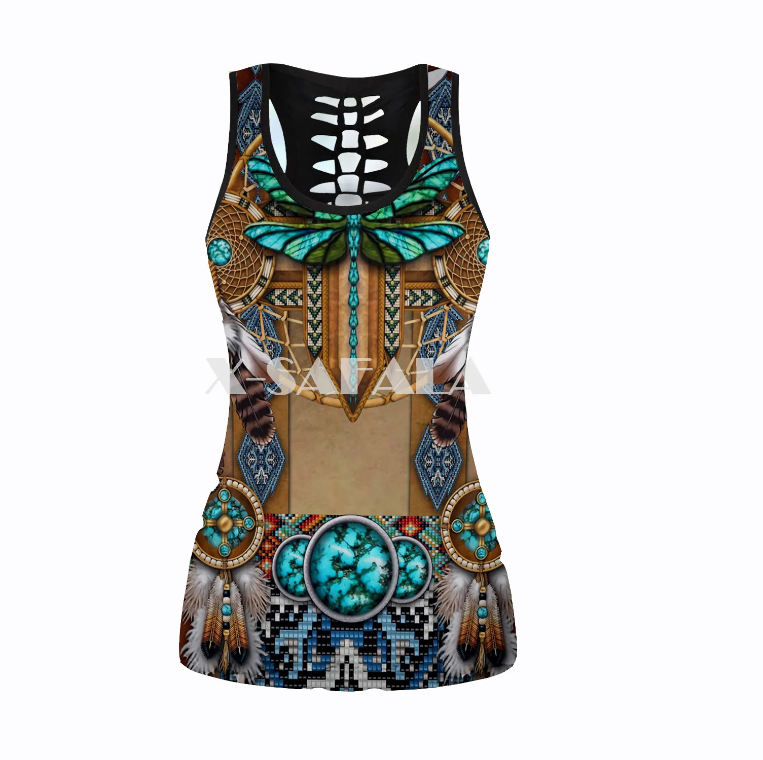 

Native Indian Dragonfly Art Two Piece Yoga Set Women 3D Print Hollow Out Tank Top High Waist Legging Summer Casual Sport-1