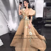champagne v neck prom dresses short sleeve lace formal evening party gowns satin custom made vestido formatura plus size