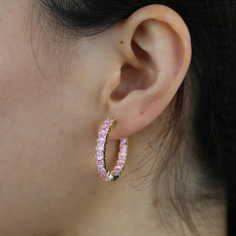 

New Fashiony Gold Plated Square Pink Cubic Zirconia Cz Paved Charm Huggie Hoop Earrings Women Classic Geometry Jewelry Wholesale