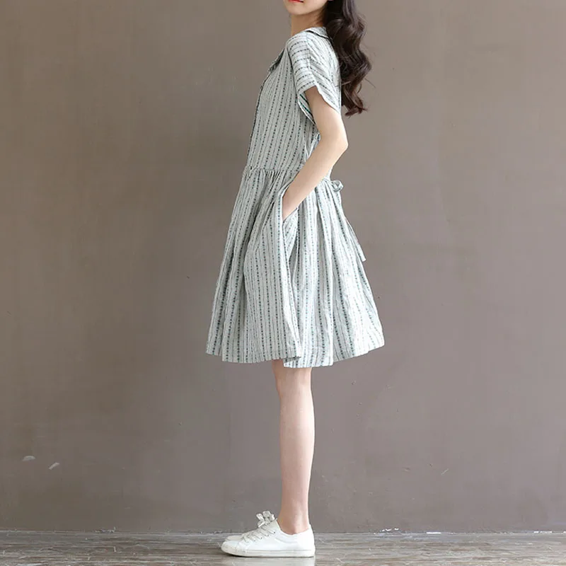 2020 Mori Girl Summer Women Casual Dress Peter Pan Collar Stripe Robe Femme Ete Short Sleeve Loose Cotton Linen Kawaii Dresses | Женская
