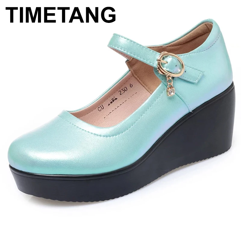 

TIMETANGWomen Spring Shoes Platform 2021 New Genuine Leather Ladies Commuter Shoes Shallow Mouth Simple Fashion Wedge Women Shoe