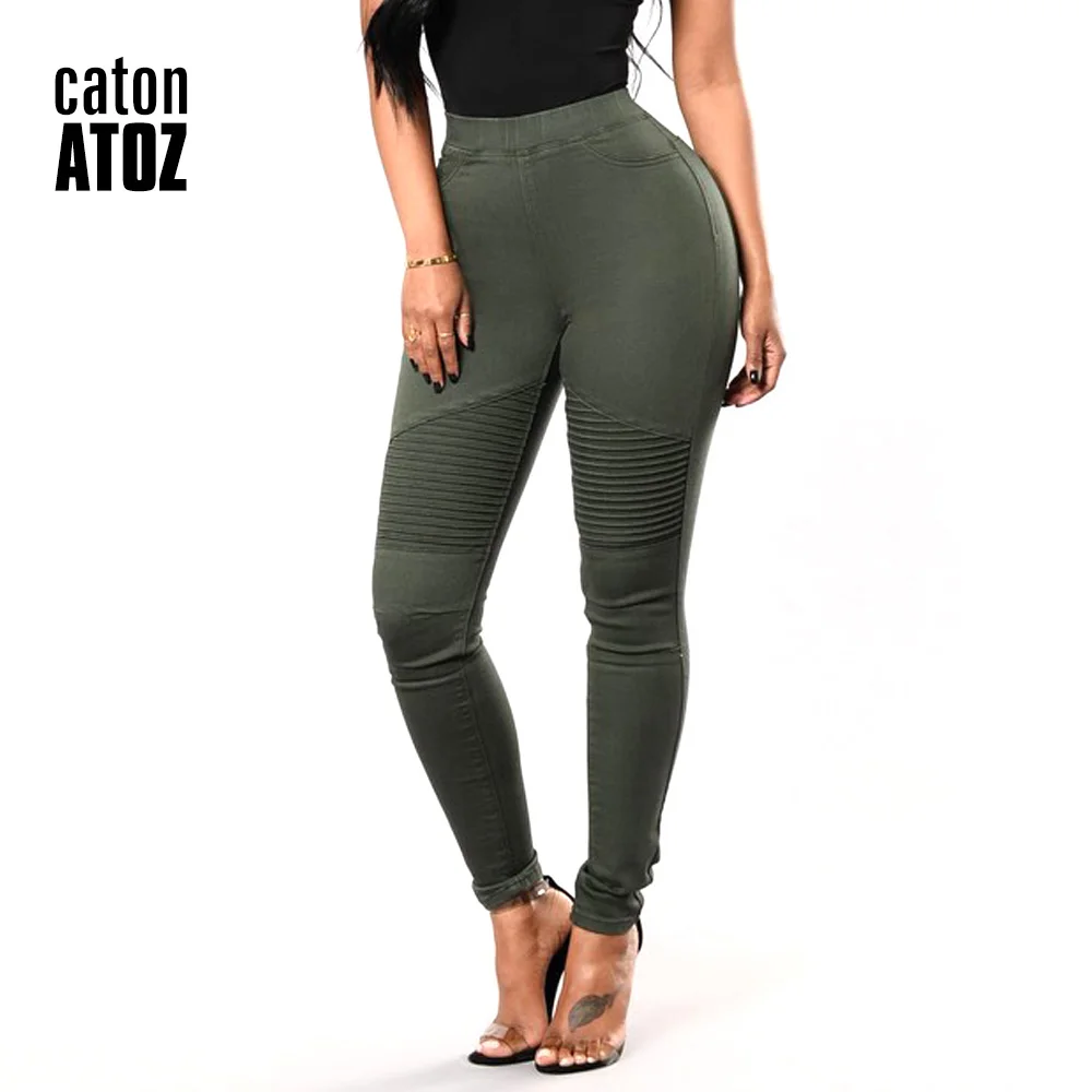 Army green CatonATOZ 2149, женские джинсы большого размера с высокой талией, армейский зеленый цвет, мотоциклетные узкие джинсы, обтягивающие джинсы, брюки, джинсы для женщин - Цвет: Army green