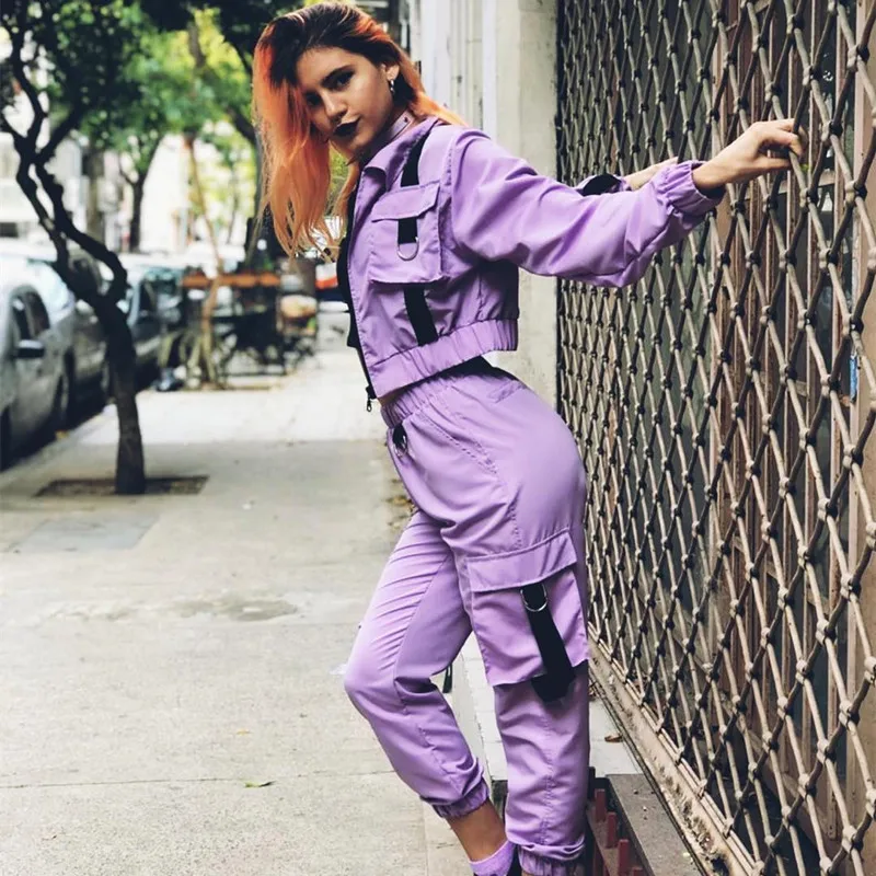 purple Уличная фиолетовая укороченная куртка и брюки карго комплект из двух предметов спортивный костюм женский осенний неоновый зеленый сафари подходящая одежда для бега - Цвет: purple