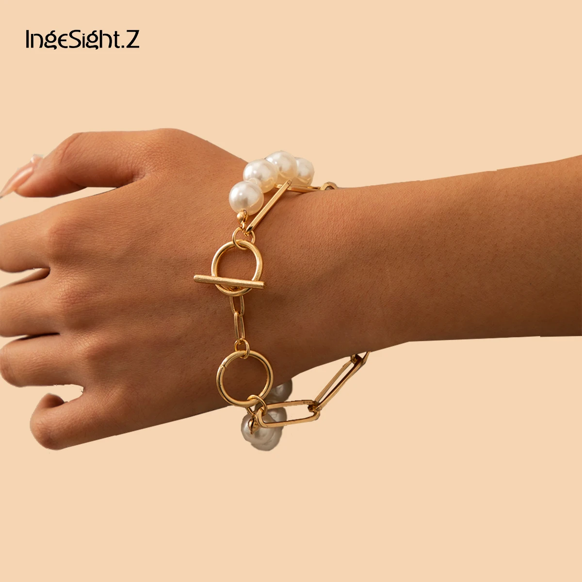 

IngeSight.Z Double Layered Imitation Pearl Toggle Clasps Lasso Bracelets Charm Gold Color Link Chain Bracelets Bangles Jewelry