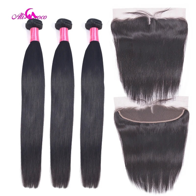 Али Коко перуанские прямые волосы 3 пучка с фронтальной связью комплект из