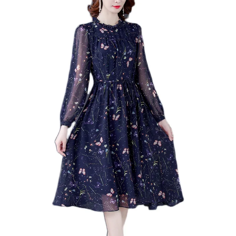 

Chikichi Korean Clothing Chiffon Floral Blue Dresses 2021 New Spring Casual Business Commuter Long Dress for Women
