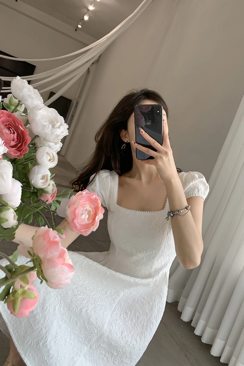 

Summer Elegant Korean Fashion Square Collar White Dress Party Women Beach Office Lady Casual Vestidos