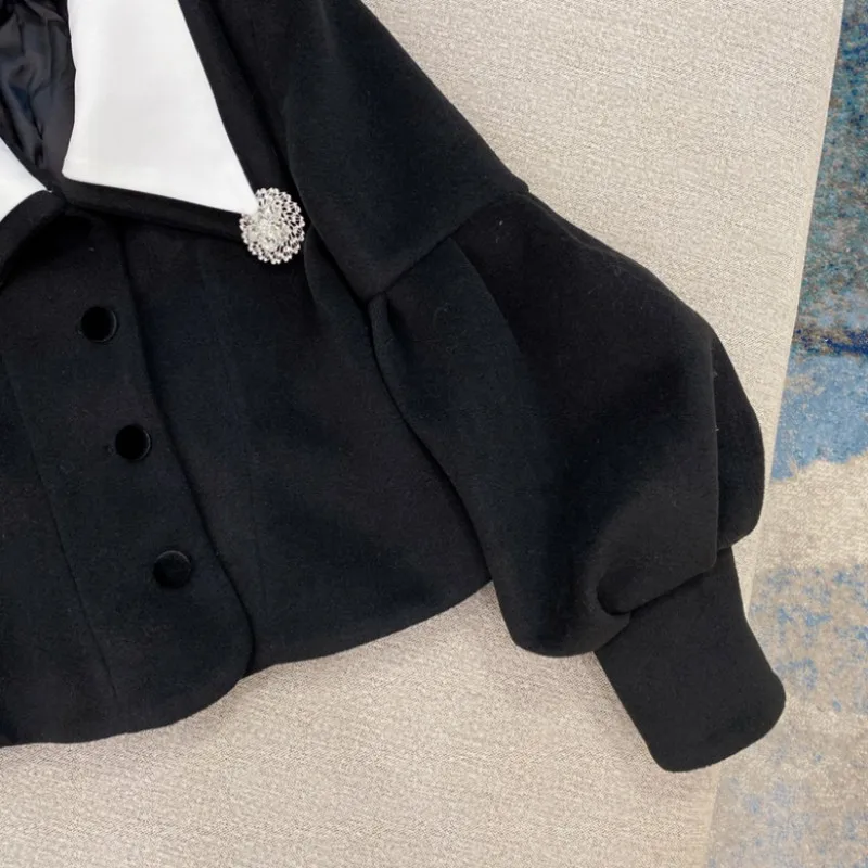 

Women Double Layer Lapel Short Jacket Mixed Color Puff-Sleeve Single-Breasted Woolen Outerwear Female Black Korean Casual Tops
