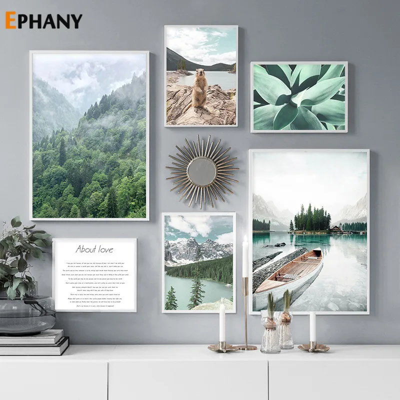 Северный горный лес природа пейзаж холст картина лодка озеро зеленый завод Бивер