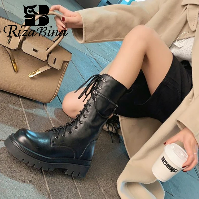 

RIZABINA Real Leather Women Short Boots For Winter 2022 Shoes Female Thick Bottom Fashion Street Caff High Footwear Size 34-40