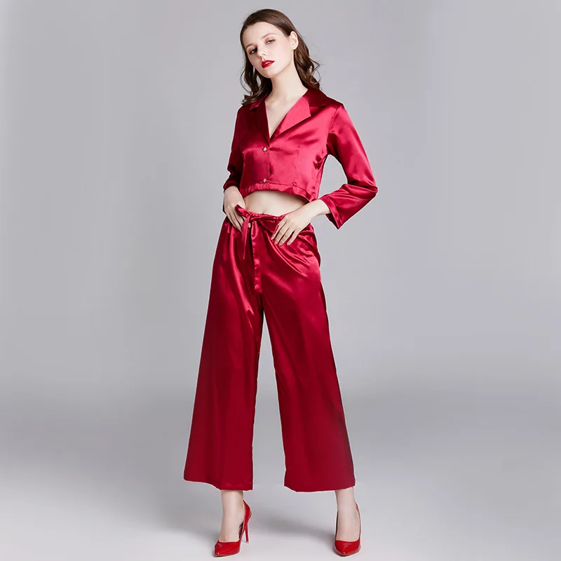 

The New Pajamas for Women Summer Cardigan Turn-down Collar Sleepwear Faux Silk Solid Women's Pajamas Home Cloths Pijama Mujer