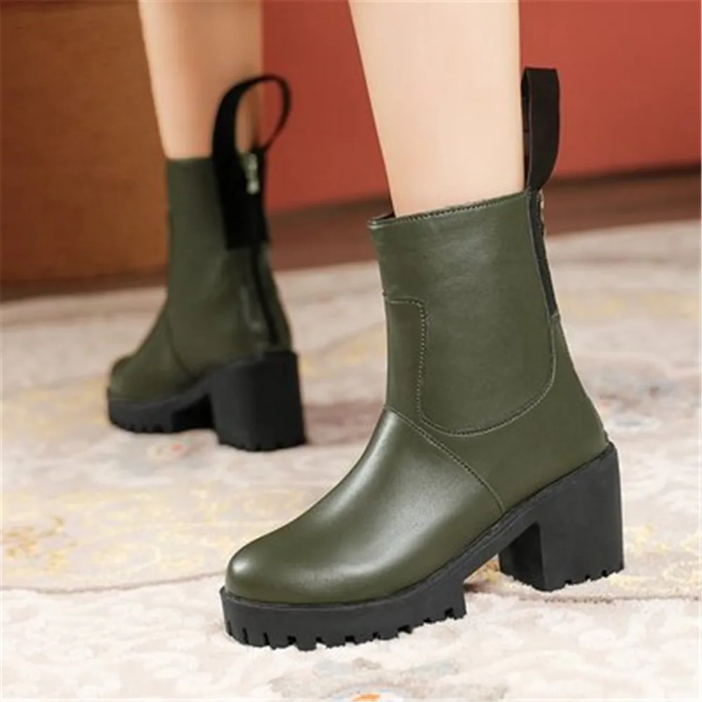 

Women's Chelsea Booties Ladies Non Slip Ankle Boots Short Plush Warm Platform Female Winter Fashion Thick Heel Shoes Black Green