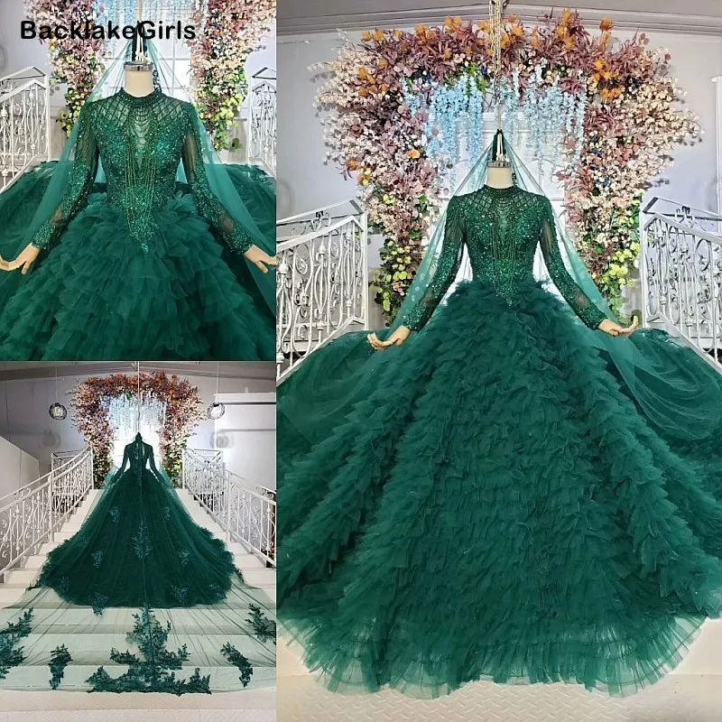 Темно-зеленое с длинным рукавом свадебные платья Цепочки и ожерелья элегантные