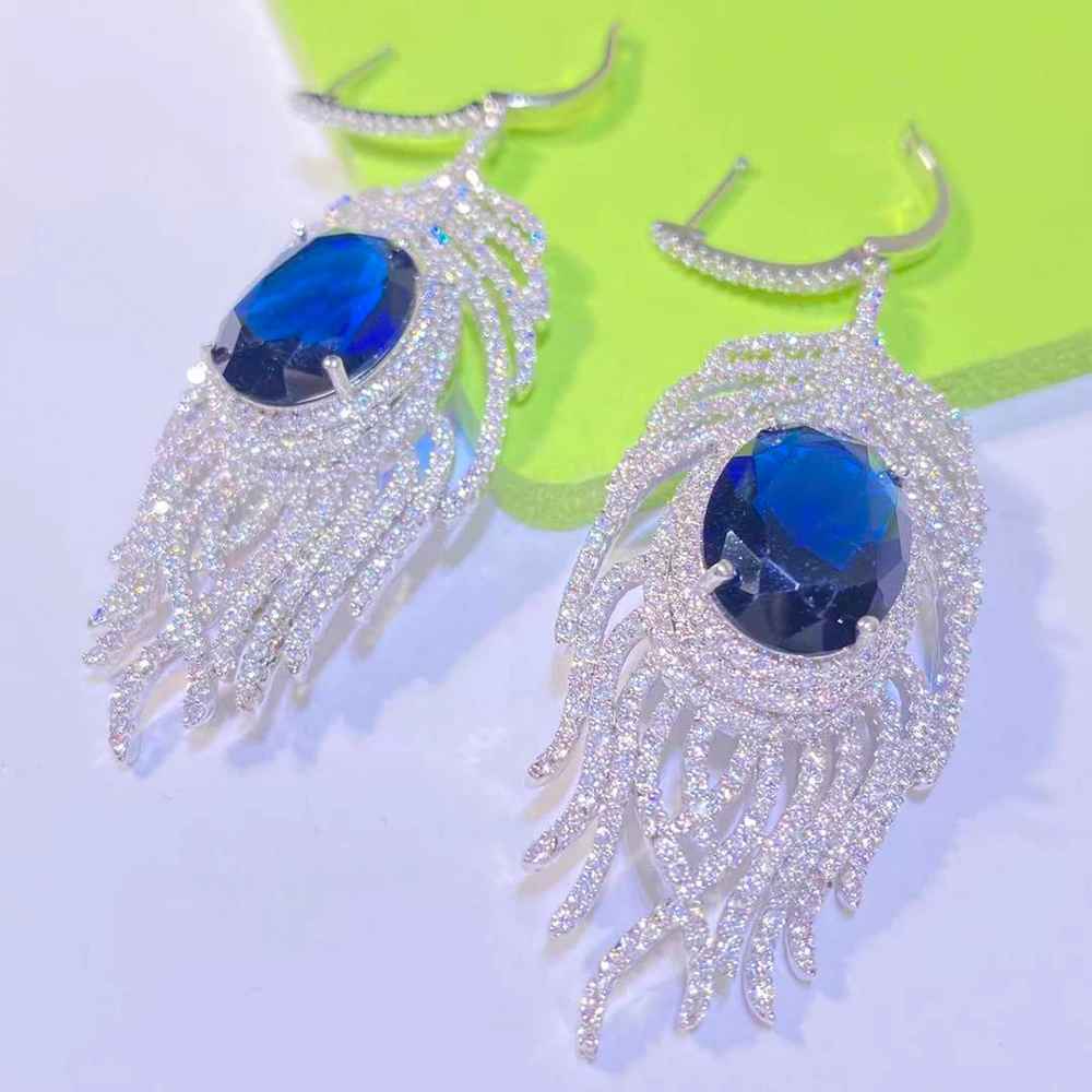 

ASNORA Ladies Wedding Blue Feathery Earrings New Charm Cubic Zirconia Wedding Pendant Earrings Party Accessories