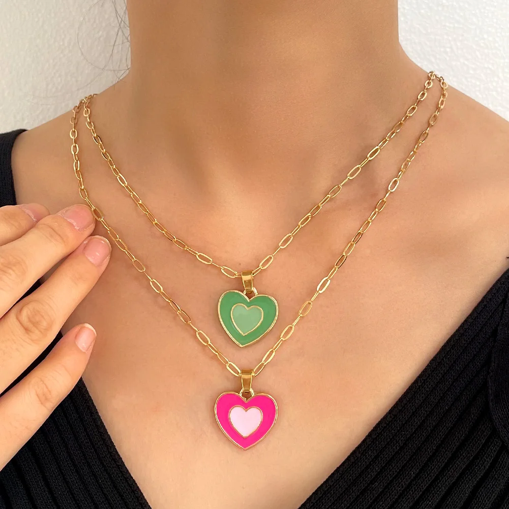 Flatfoosie Trendy Y2K Double Layer Heart Pendant Necklace for Women Colorful Dripping Oil Metal Choker Jewelry | Украшения и