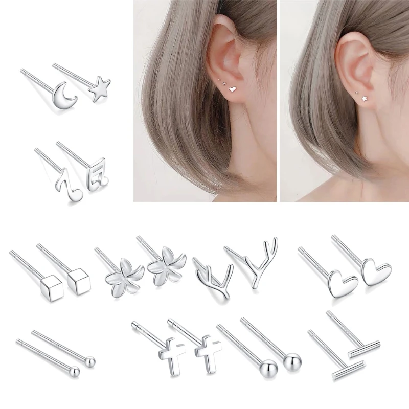 

10 пар в комплекте; Изящные Ювелирные изделия из серебра Комплект сережек для женщин и девочек крошечные Ball Bar Цветок Луна Звезда Сердце Крес...