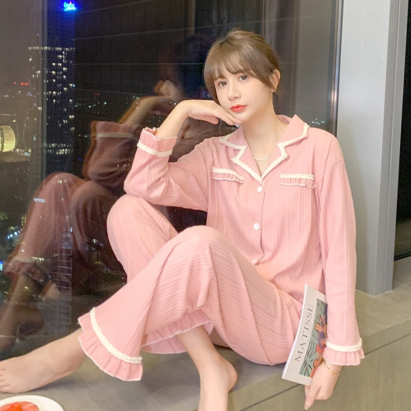 

2021 Spring Lace Sleepwear Suit Pyjamas Homewear Mujer Clothes Women Long Sleeve Cotton Pajama Set Solid Color Loose Style