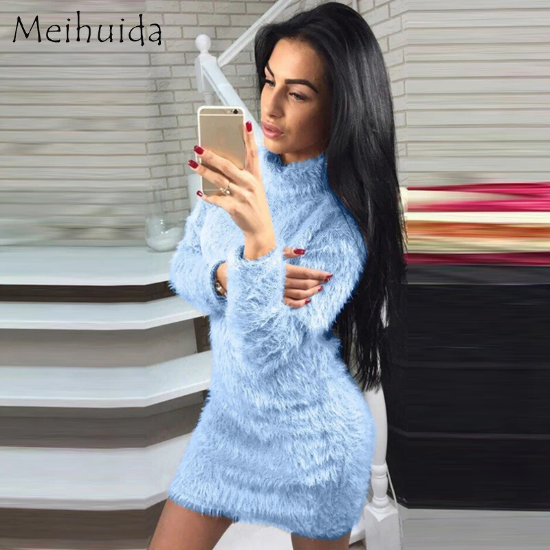 Осень плюшевый свитер платье для женщин мини с длинными рукавами и высоким