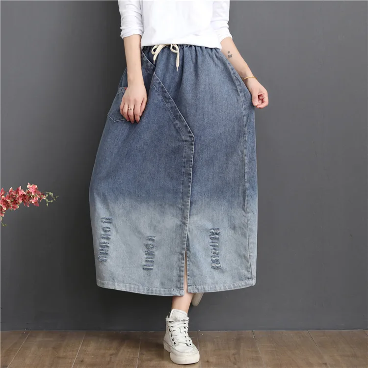 Женская джинсовая юбка в Корейском стиле Повседневная Длинная с высокой талией