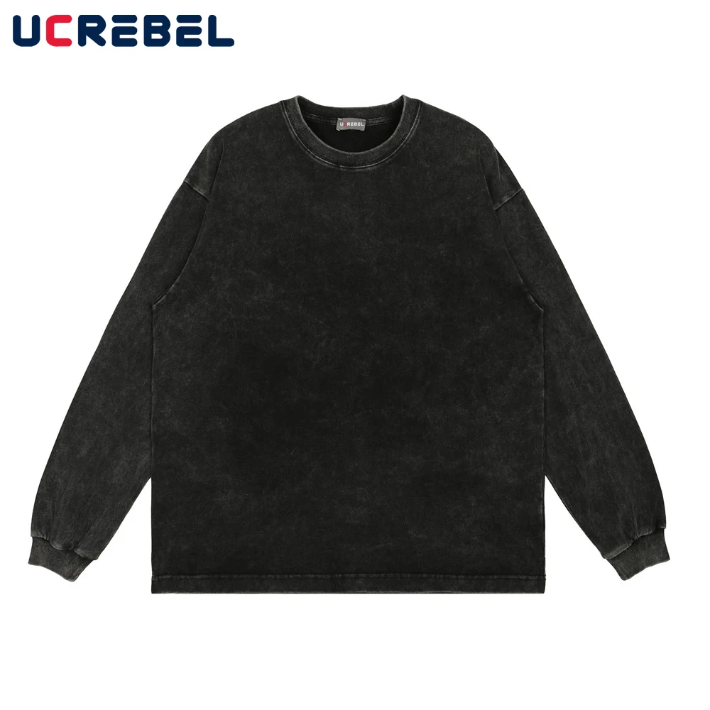 

Distressed Long Sleeve T-shirt Mens Autumn Casual Solid color Crew Neck Cotton Tee Streetwear Loose Tshirt Men
