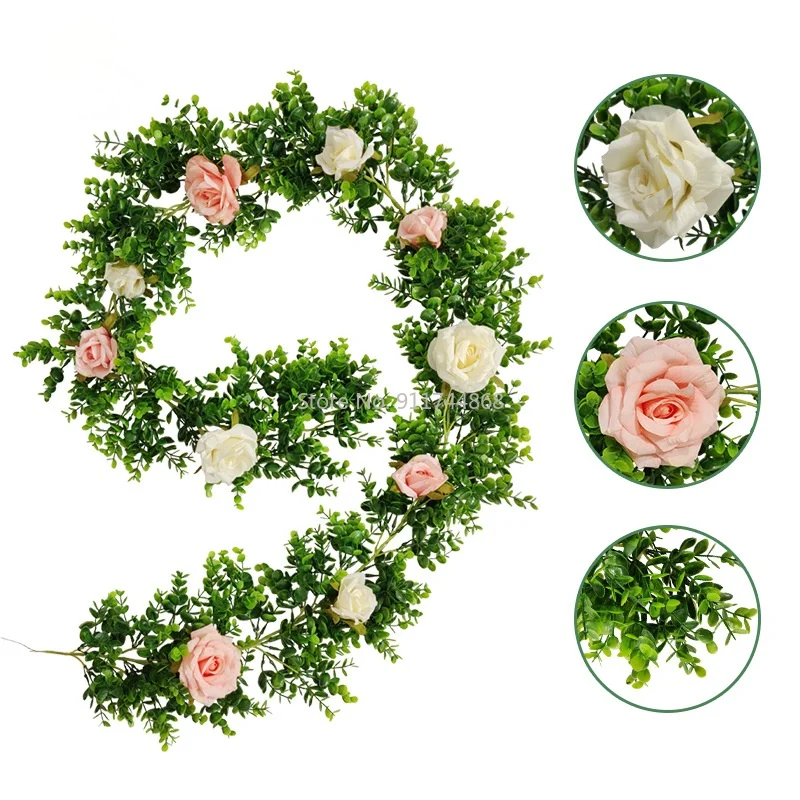 

2M Artificial Rose Vine Auditorium Decoration Plastic Leaf Waterweed Encryption Simulation Rose Vine Garland Home Decoration