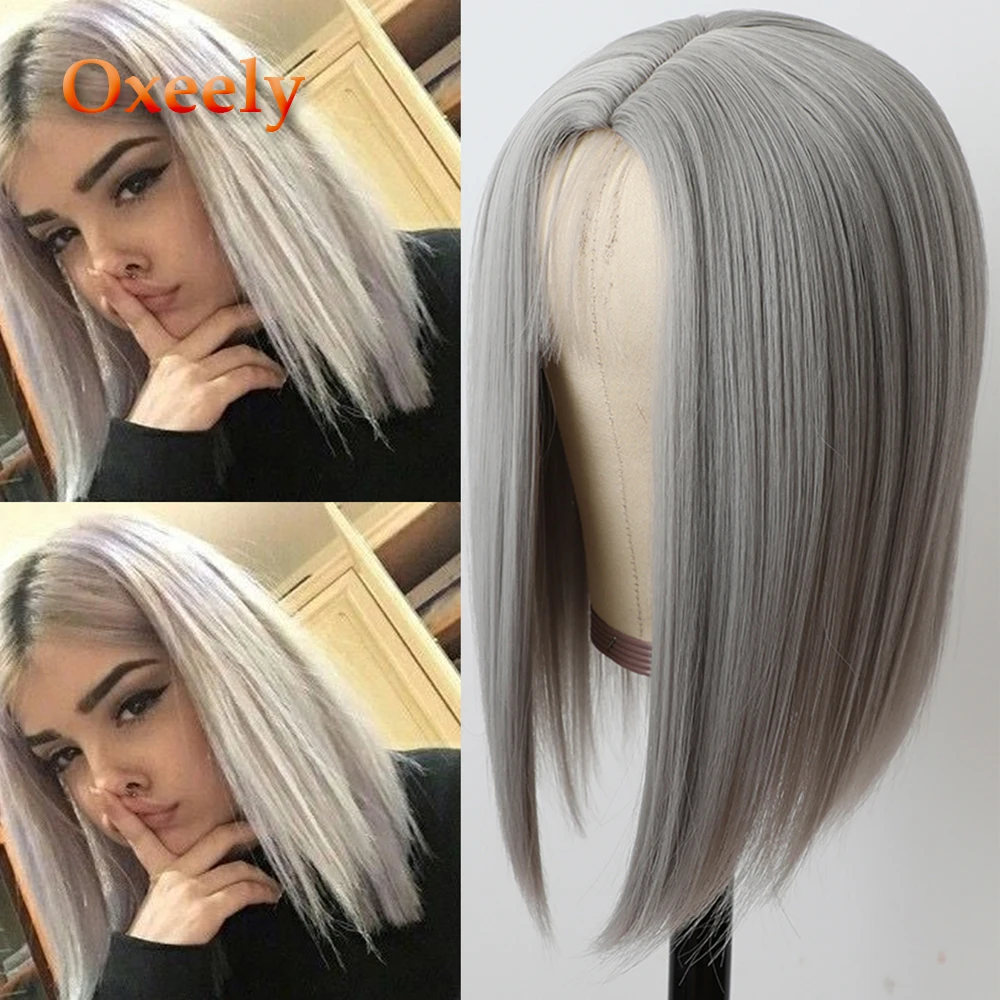 Oxeely Grey Hair Short Bob Synthetic Hair Wigs Heat Resistant Gray Color Bob Straight Wig Synthetic None Lace Wigs for Women