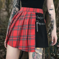 gothic punk skirts women red plaid pleated mini skirt high waist patchwork ball gown fashion streetwear buckle female goth skirt