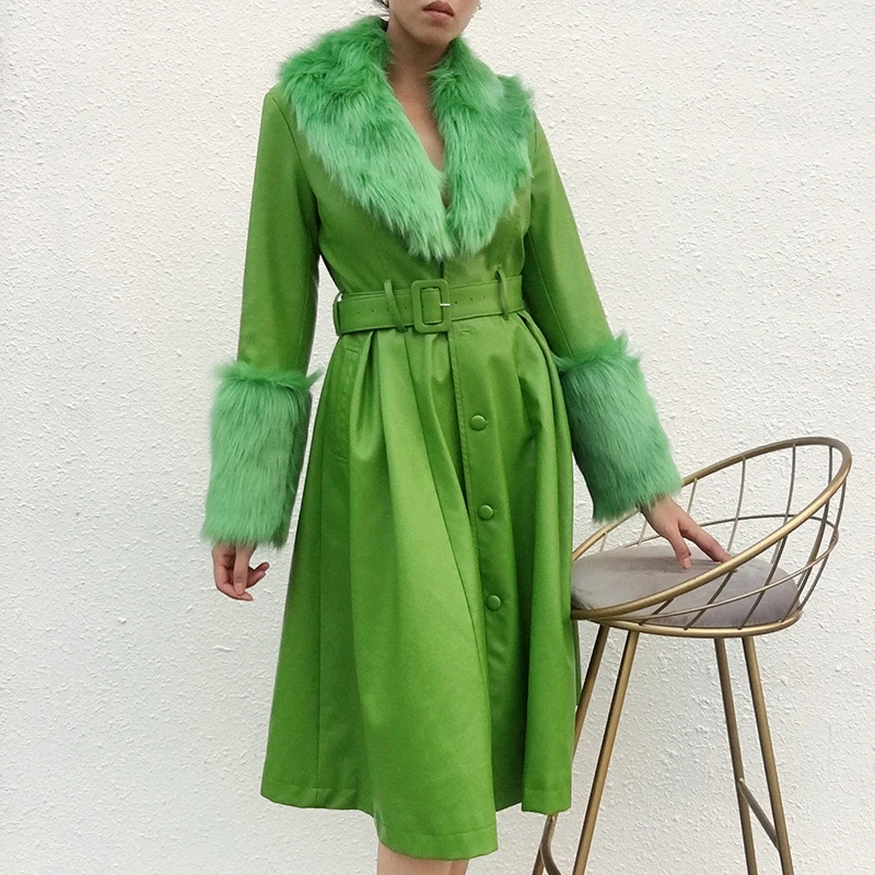 WannaThis Faux Leather Fur Coat Women With Belt Warm Thick Outwear PU Leather Streetwear Female Elegant Outwear Long Coat Green