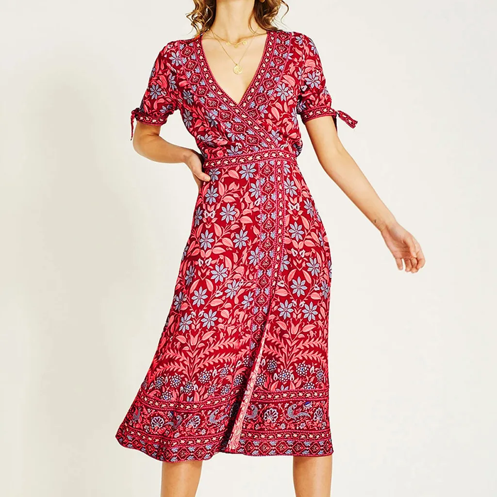 Летнее женское платье Boho длинное с v-образным вырезом и цветочным принтом