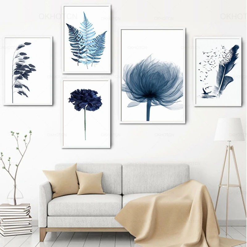 

Minimalist Blue Botanical Leaf Poster Nordic Flowers Plant Canvas Painting Wall Art Pictures for Living Room Decor Unframed