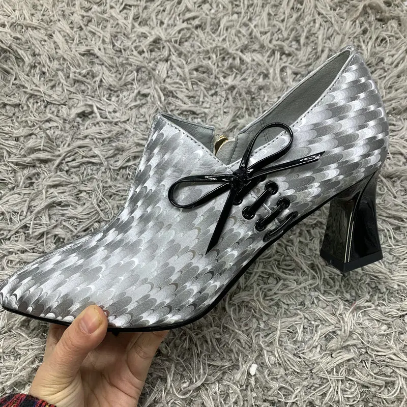 

high quality genuine leather thick heels office ladies shoes bowtie women high heel shoes girls shoes size:33-43