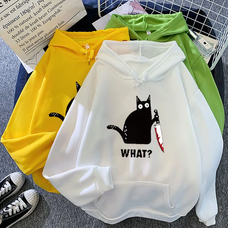 

New Hip Hop Black Cat What Print Ulzzang Hooded Harajuku Sweatshirt Long Sleeve Y2k Winter Women Harajuku Oversize Sports Hoodie