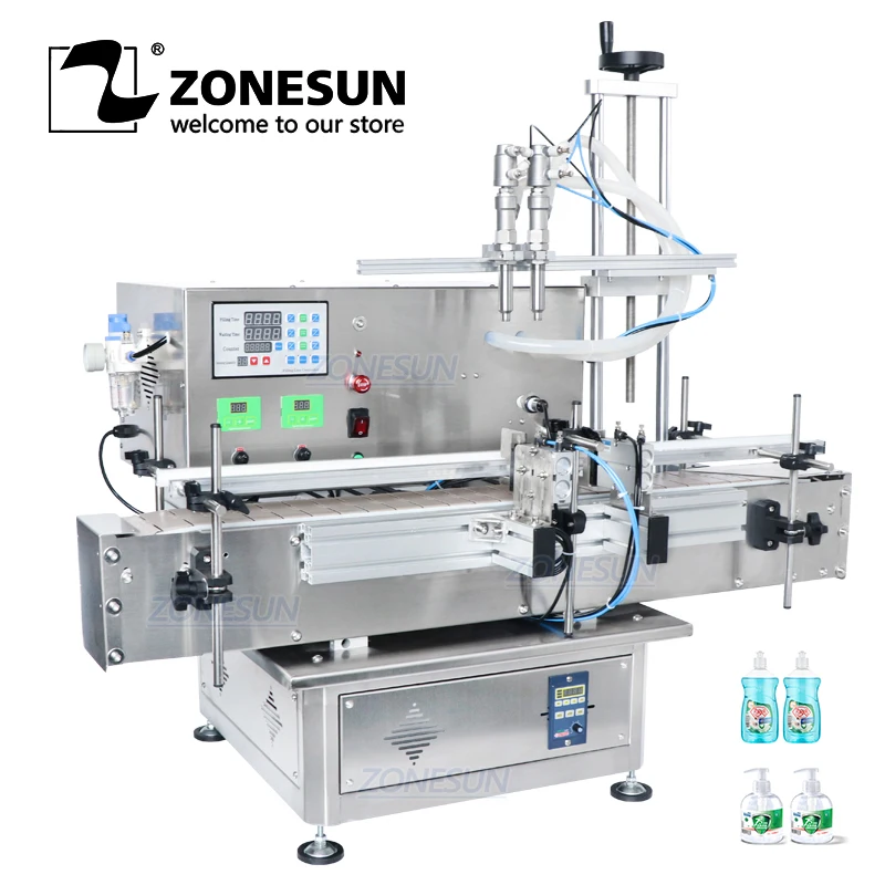 online Zonesun Desktop Máquina De Enchimento Automático Gel Suco Líquido Shampoo Duplo Cabeças Bebidas Garrafa Enchimento Com Transportador Corrente