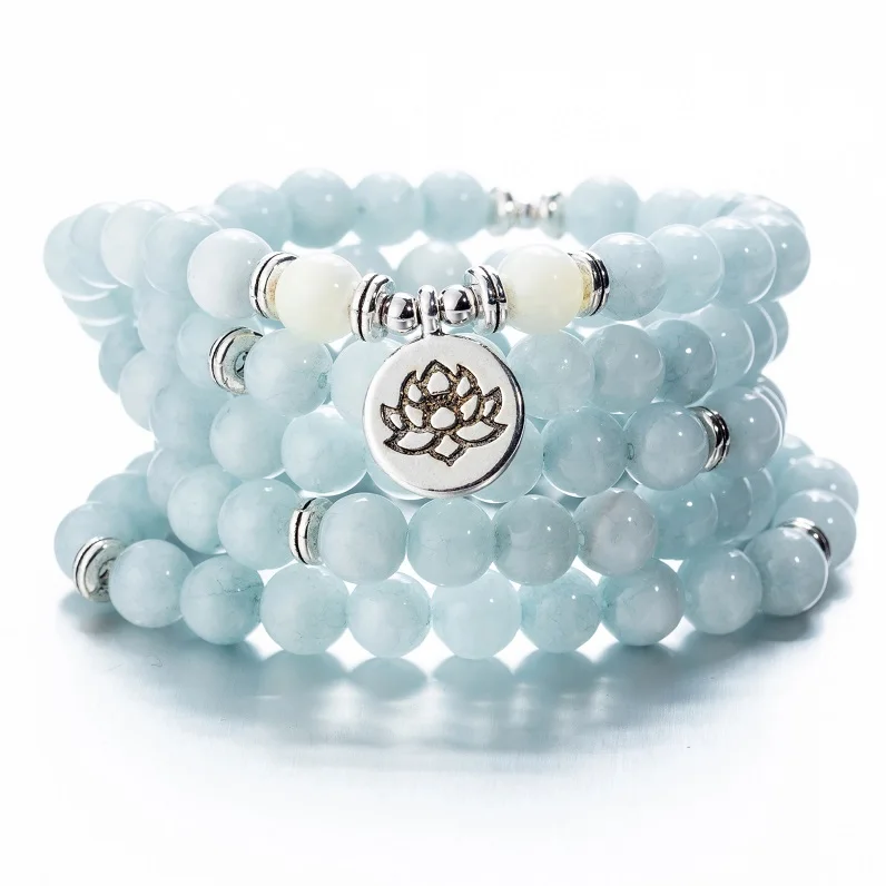 blue lotus Женские 108 бусины, розовые камни, эластичные браслеты, Lotus OM, Будда, молитва, любовь, массивные ювелирные изделия - Окраска металла: blue lotus