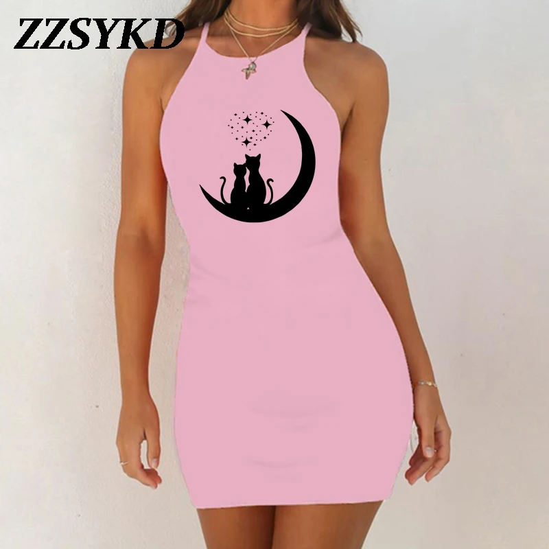 Ночная рубашка женская без рукавов с принтом в виде черной кошки | Женская одежда